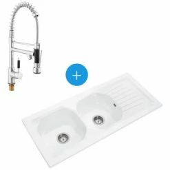 Villeroy & Boch Nestor Plus Set Einbauspüle 113 X 51,5 Cm 2 Becken, Umkehrbare Abtropffläche + Spültischbatterie Mit Schwenkarm, 2 Düsen